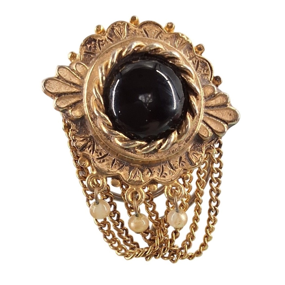 Vintage Victorian Revival Black Cabochon Fringe Brooch Gold Tone Draped Pearls